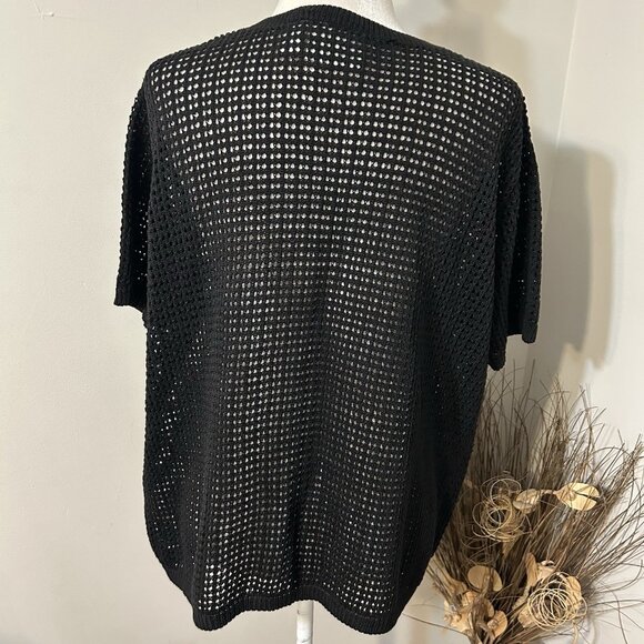 First Issue Liz Claiborne Crochet Open Knit Button Up Cardigan Sweater Black XL - Picture 2 of 5